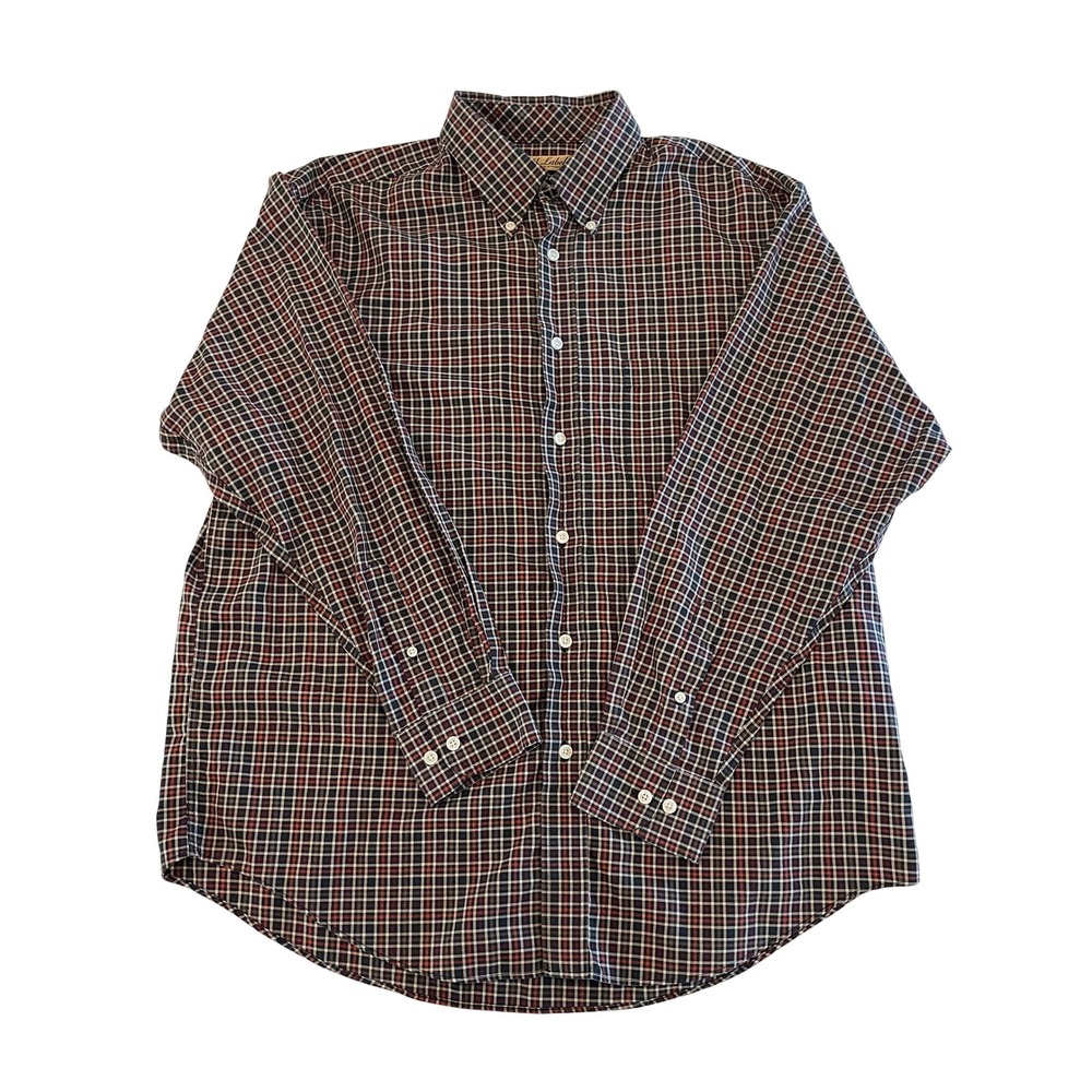 Roundtree & Yorke Gold Label Mens Large No Iron Plaid Button Down Shirt Navy Red